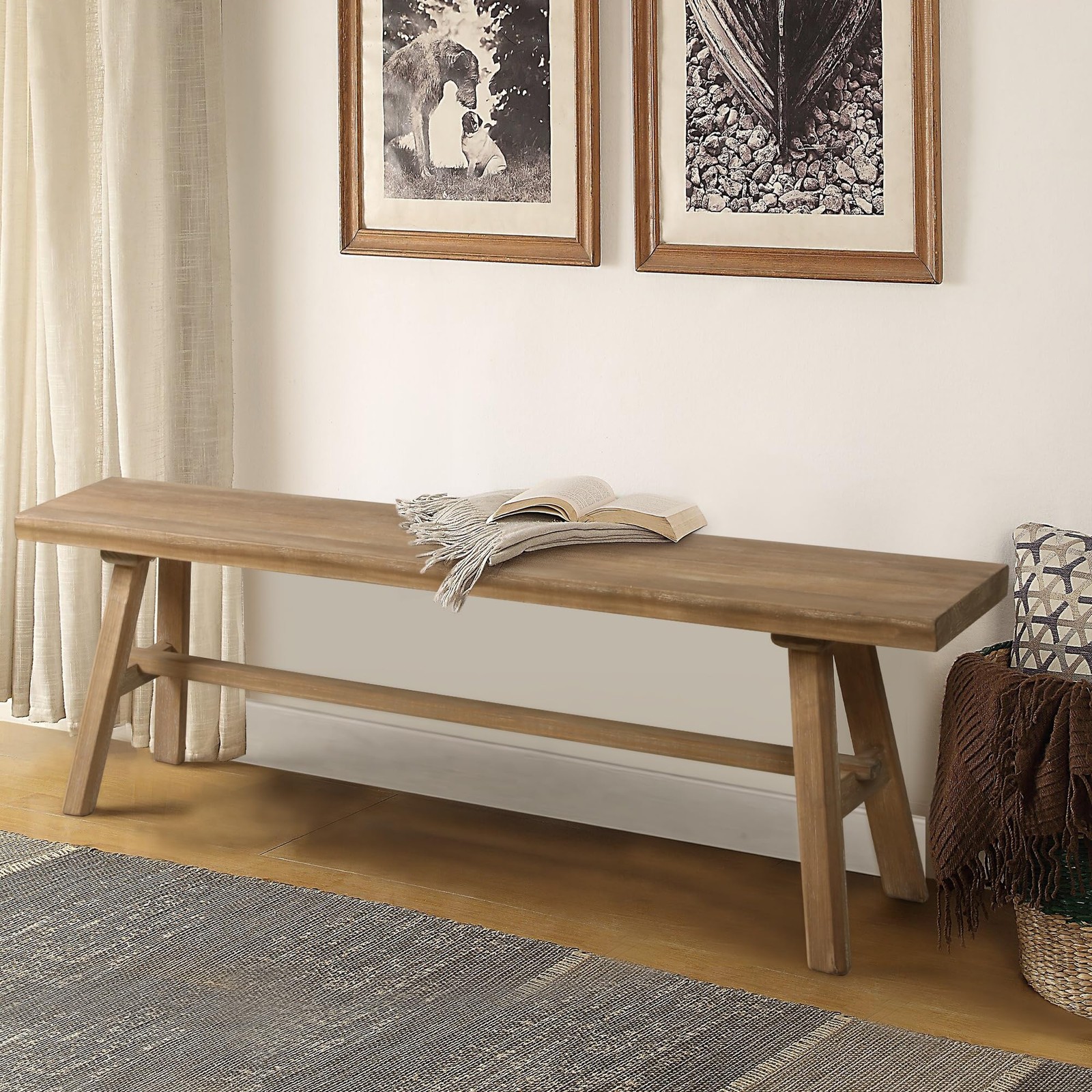 55 Inch Farmhouse Solid Wood Bench Rustic Dining Entryway Natural Easy Assembly