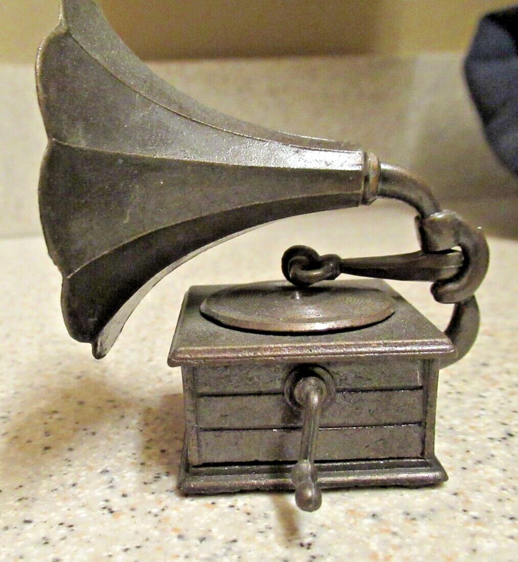 Vintage Die Cast Bronze Miniature Phonograph Record Player Pencil Sharpener