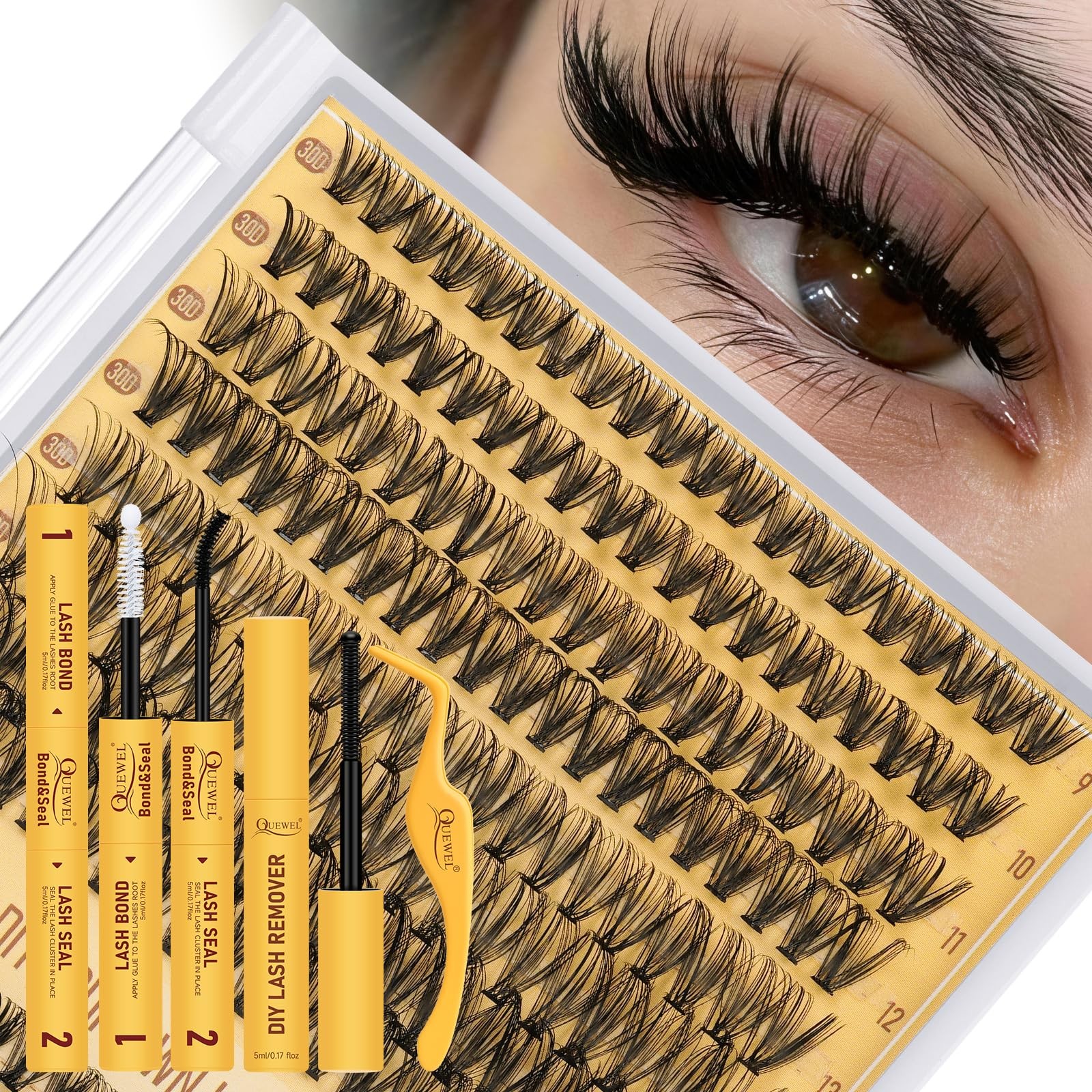 QUEWEL Lash Clusters Kit, 320 1 count (Pack of 1), 0-Black-Kit-30D+40D-9-16mm