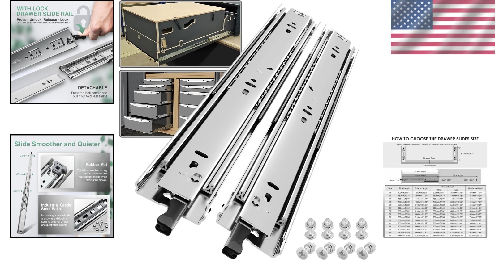 22 Inch Full Extension Drawer Slides - 150 lb Load Capacity with Locking Feature
