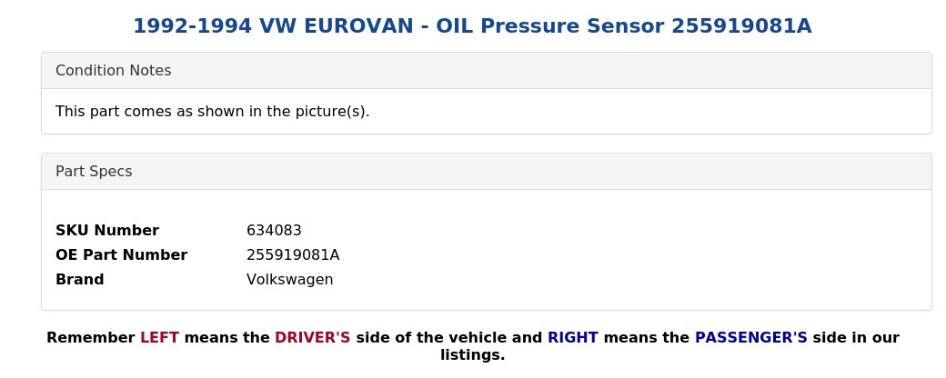 1992-1994 VW EUROVAN - OIL Pressure Sensor 255919081A