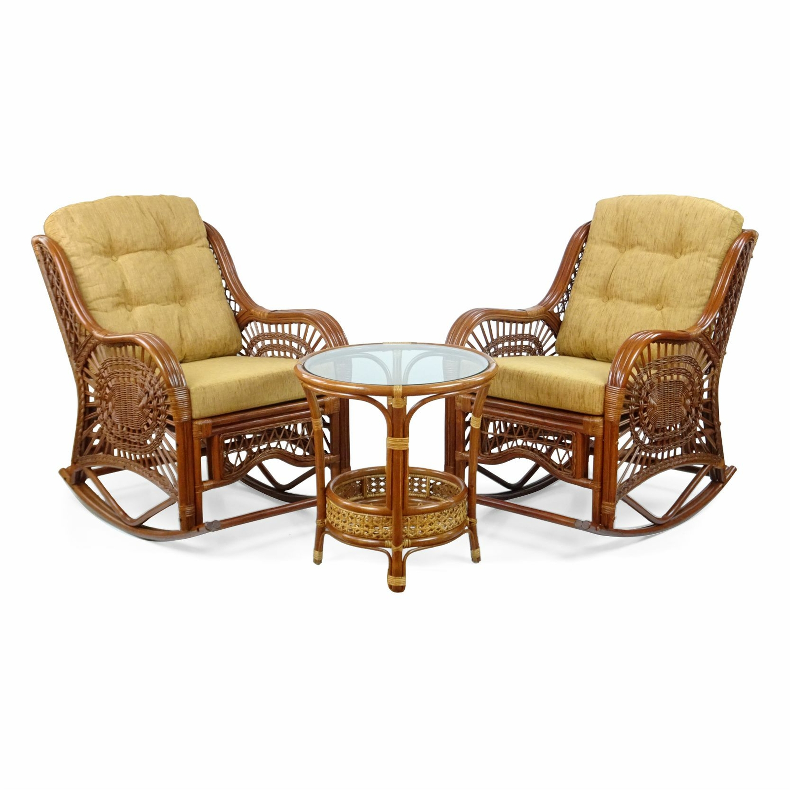 Malibu ECO Handmade Rattan Set of 2 Rocking Chairs Light Brown Cushion and Table