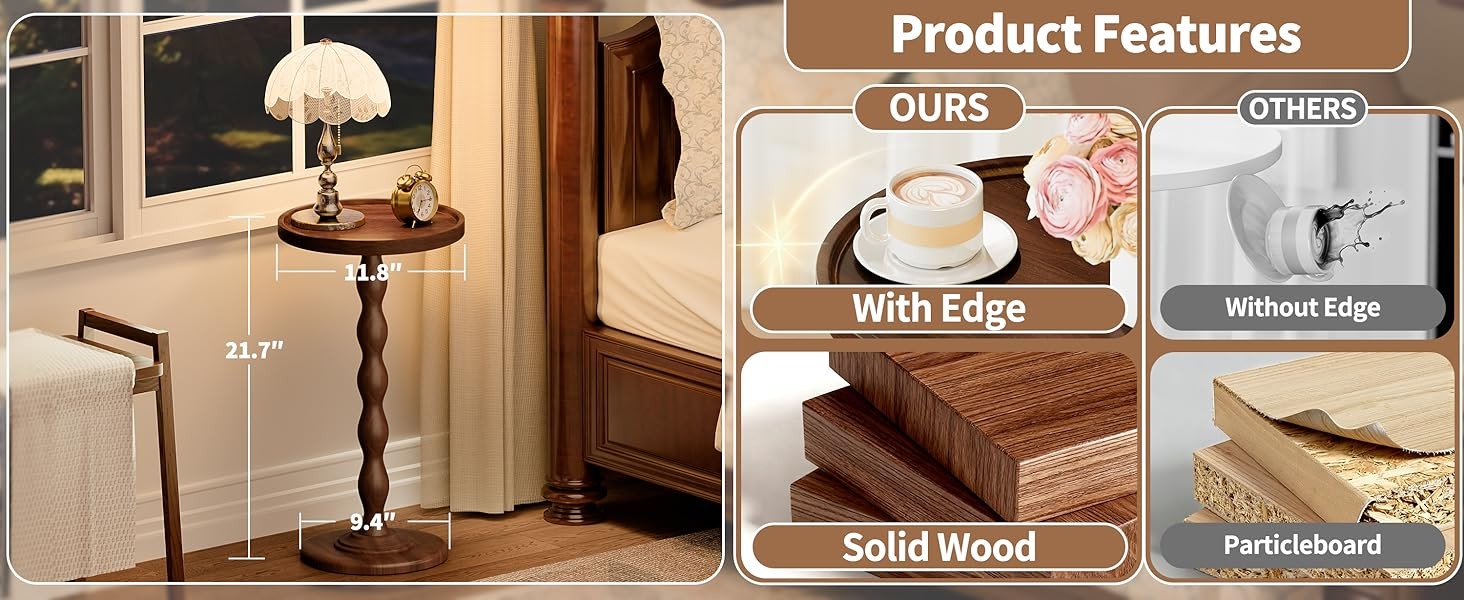 Small Round Side End Table - Solid Wood Accent Drink Table for Living Room