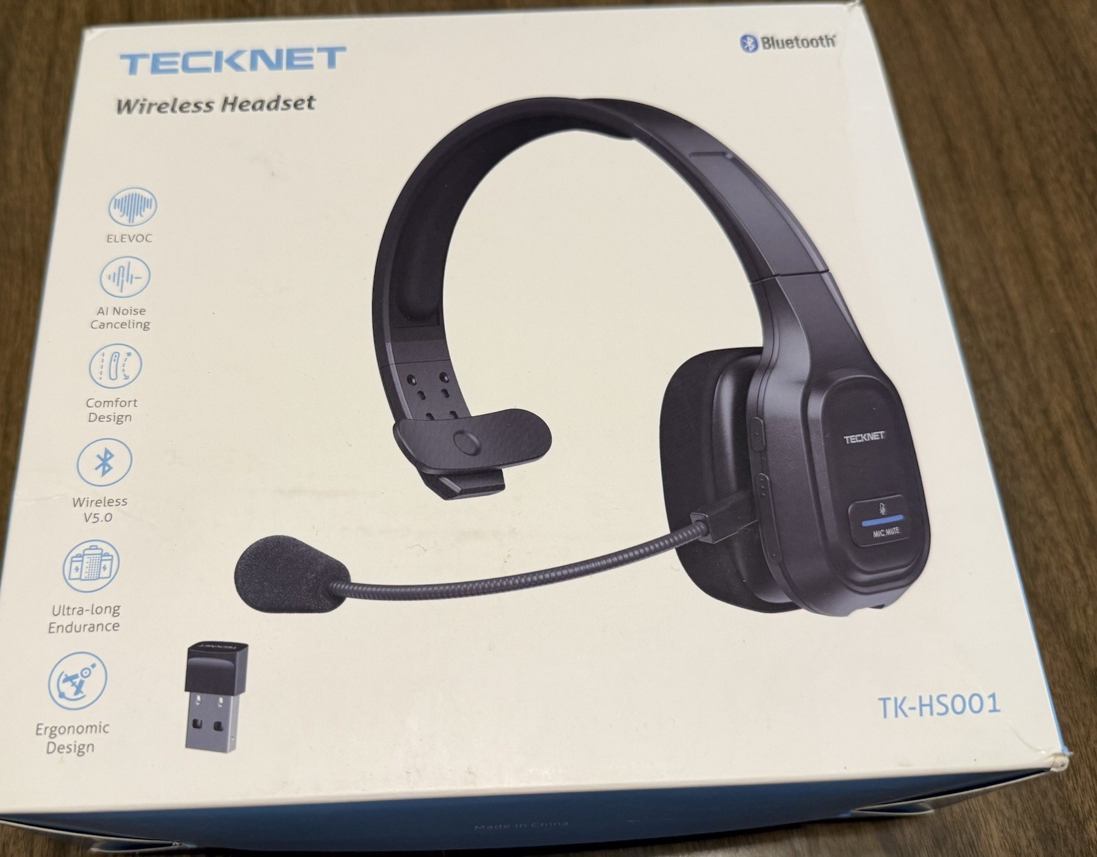 Wireless Headset With Noise Cancelling Mic For Phones PC, Truckers TECKNET HS001