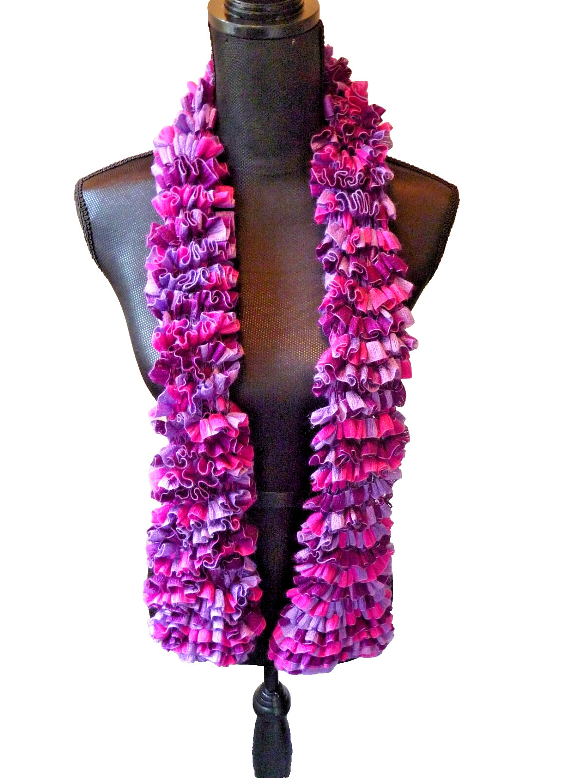 Handknit Ribbon Scarf Long Shades of Purple and Fuchsia Ruffles Oblong New