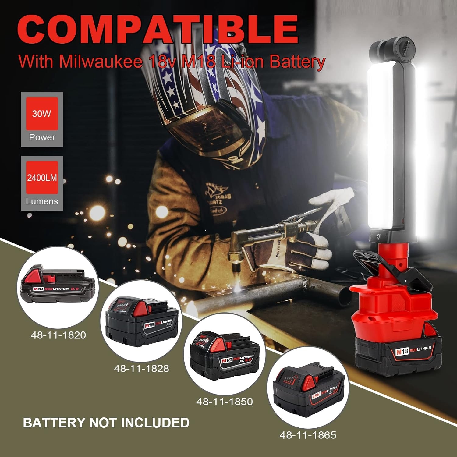 Clip-on Cordless Handheld LED Work Light Flashlight for Milwaukee 18V Battery