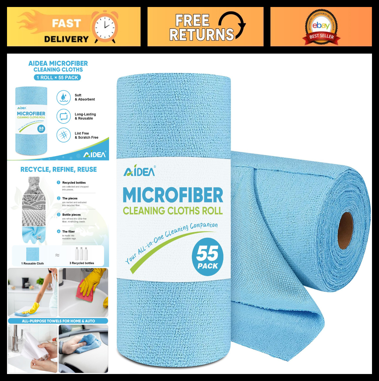 Microfiber Cleaning Cloth Roll - 55 Washable Blue Towels for Cars, Kitchen & Wor