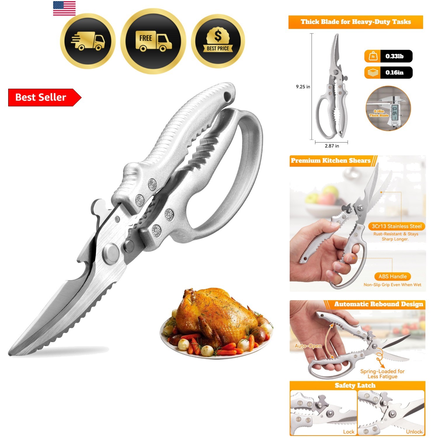 Heavy Duty Kitchen Scissors, Poultry Shears for Meat, Chicken, Bone, Turkey, ...