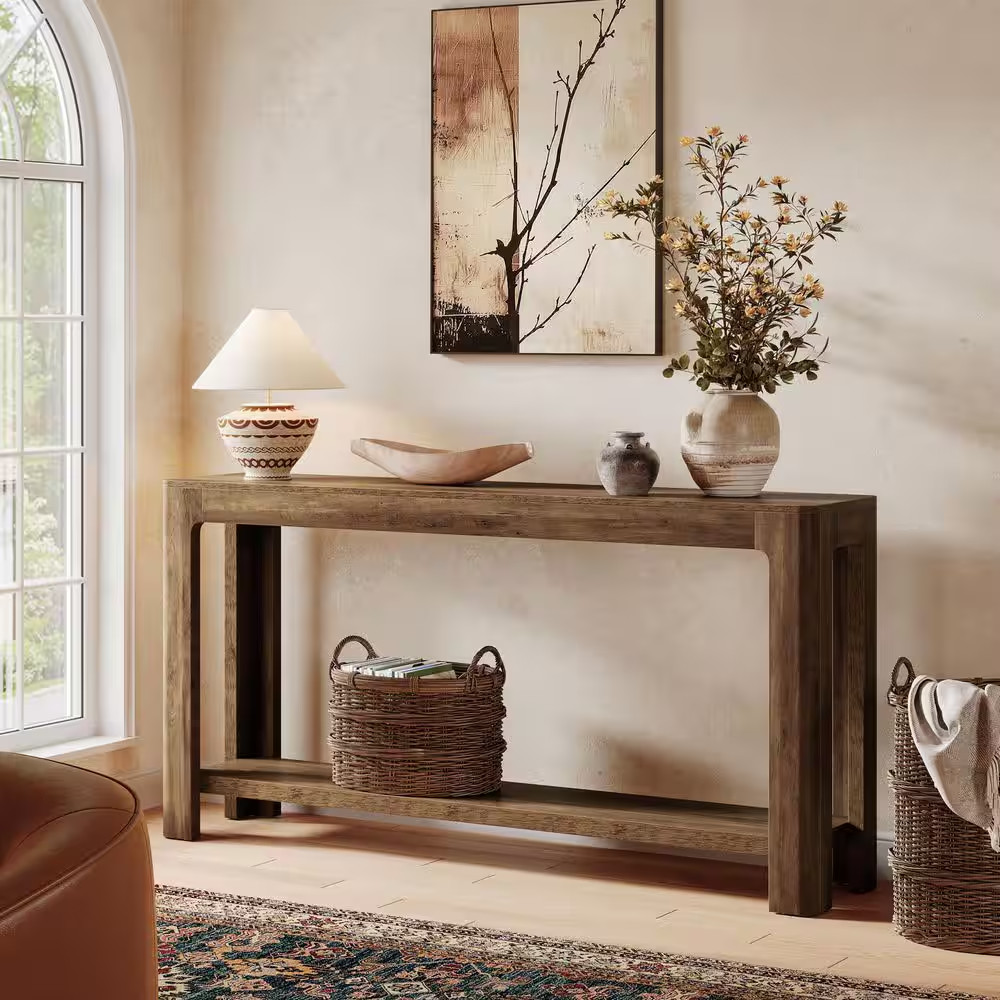 Turrella 63 In. Rustic Brown Rectangle Wood Console Table with 2-Tier for Storag