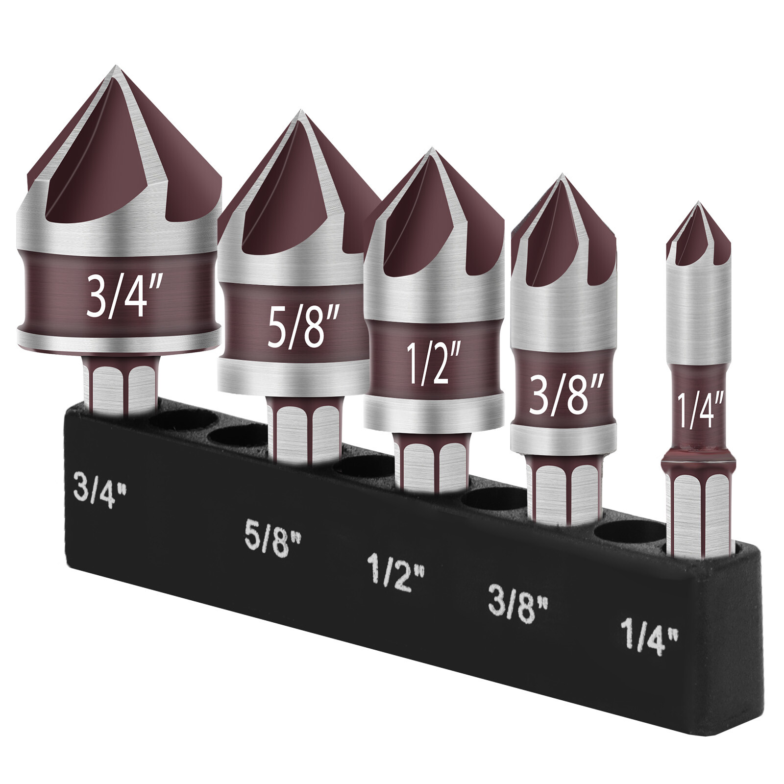 5pcs HSS Countersink Drill Bit 5-Flute M35 Cobalt Chamfer Cutter 82° 1/4"-3/4"