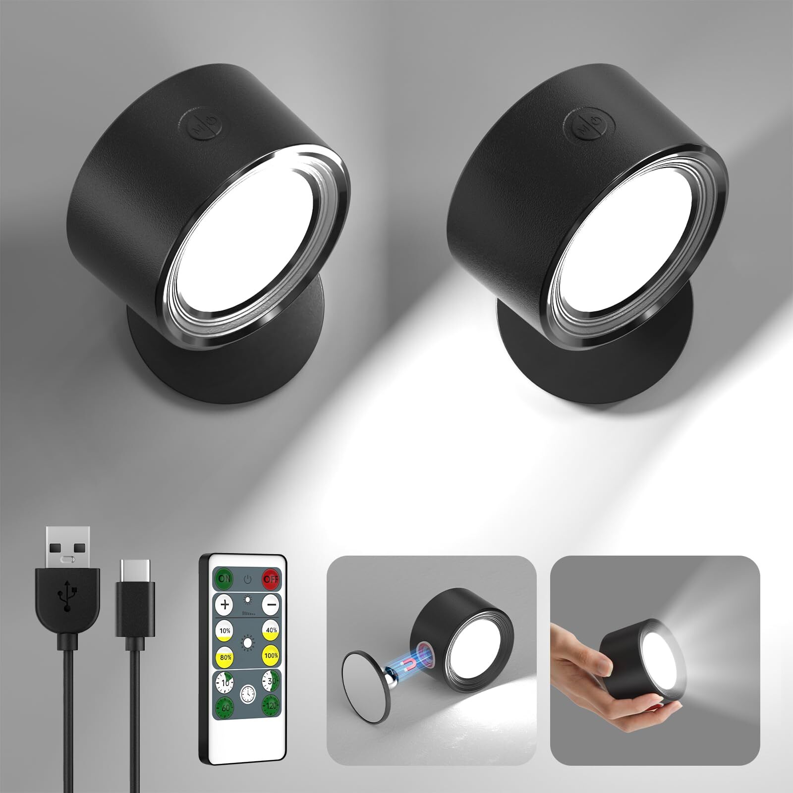 2 LED Wall Mounted Lights Rechargeable Remote Controlled 3 Color Temperatures