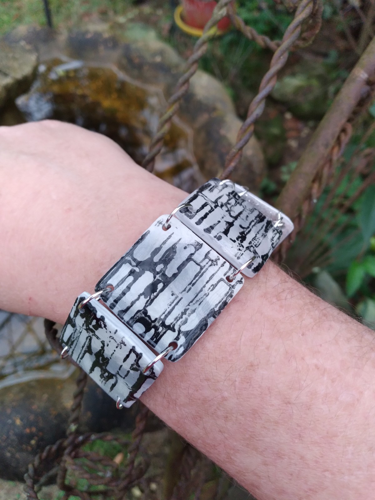 Handcrafted Reversible Polymer Clay Resin Silver Bracelet Black Gray White