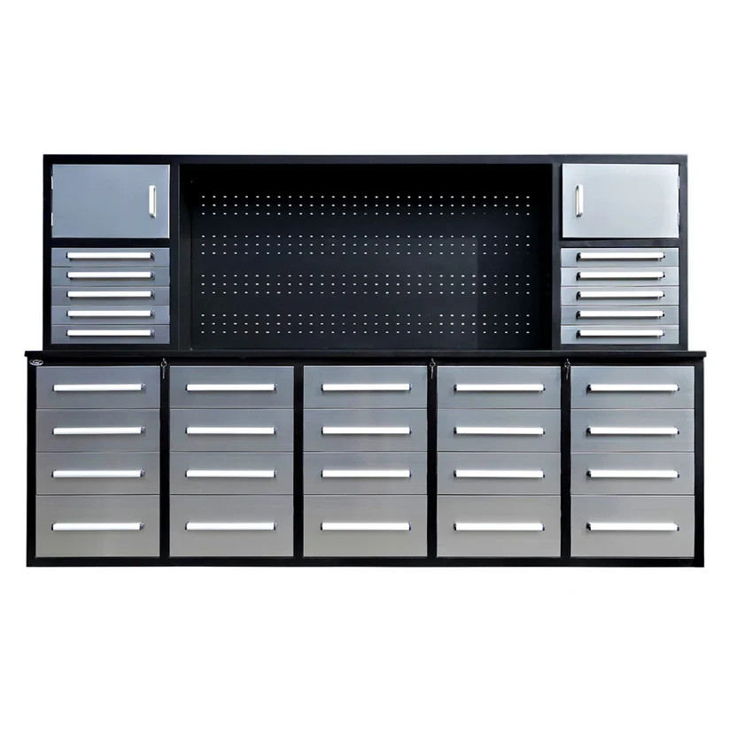 9.5FT Pro Duty Steel Workbench Storage Cabinet 30 Drawers & 2 Cabinets Pegboard