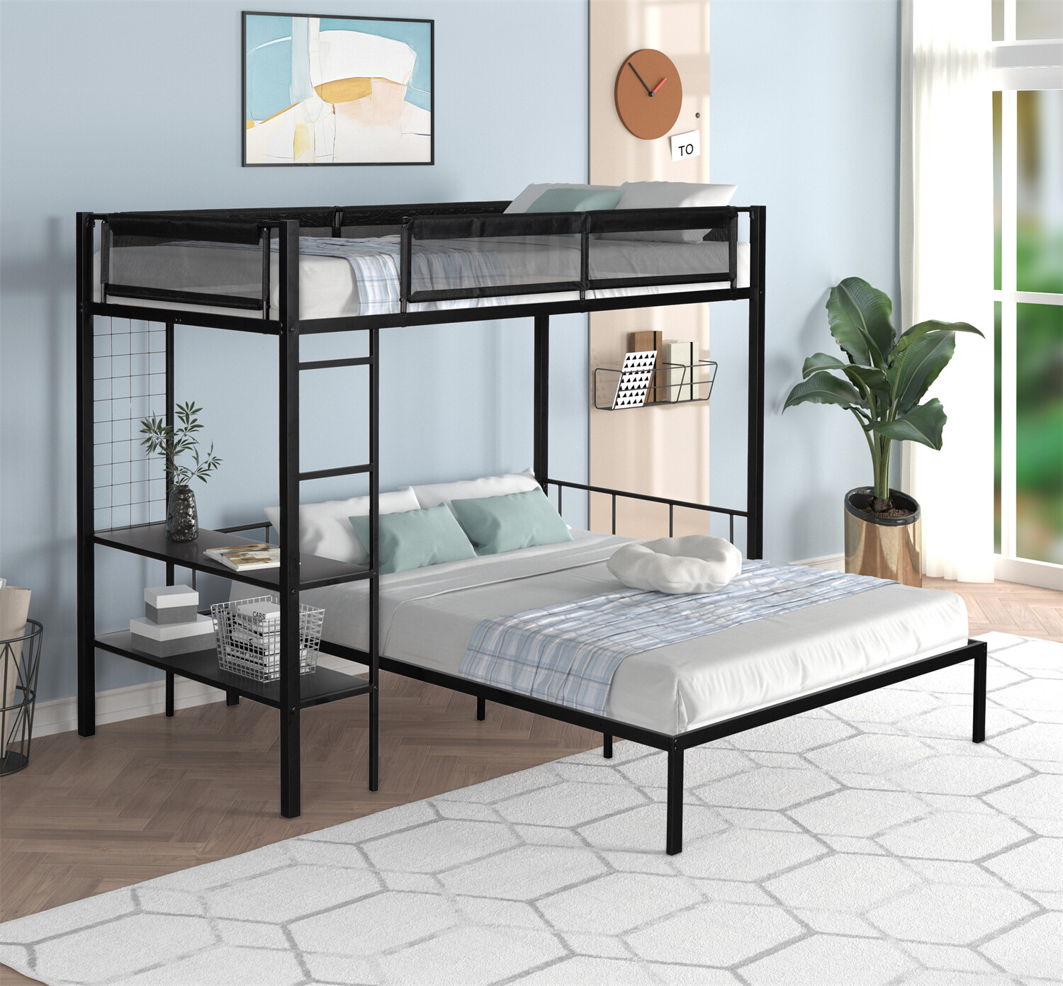 Twin Over Full Bunk Bed Metal Bed Frame with Storage Shelves Black US
