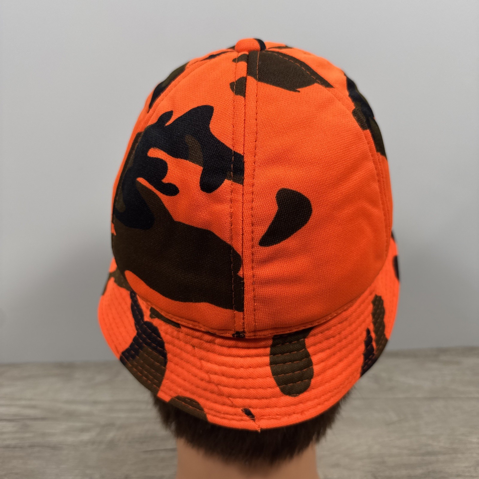 VTG S Orange Camo Jones Hunting Bucket Fedora Hat Insulated Ear Flaps Distressed