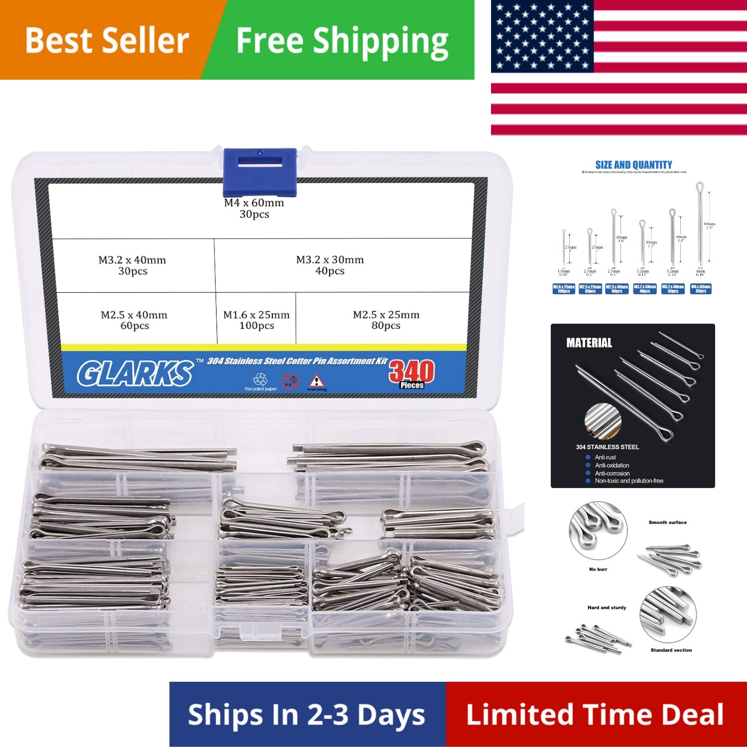 340-Pieces 6 Sizes 304 Stainless Steel Cotter Pin Clip Key Fastner Fitting As...