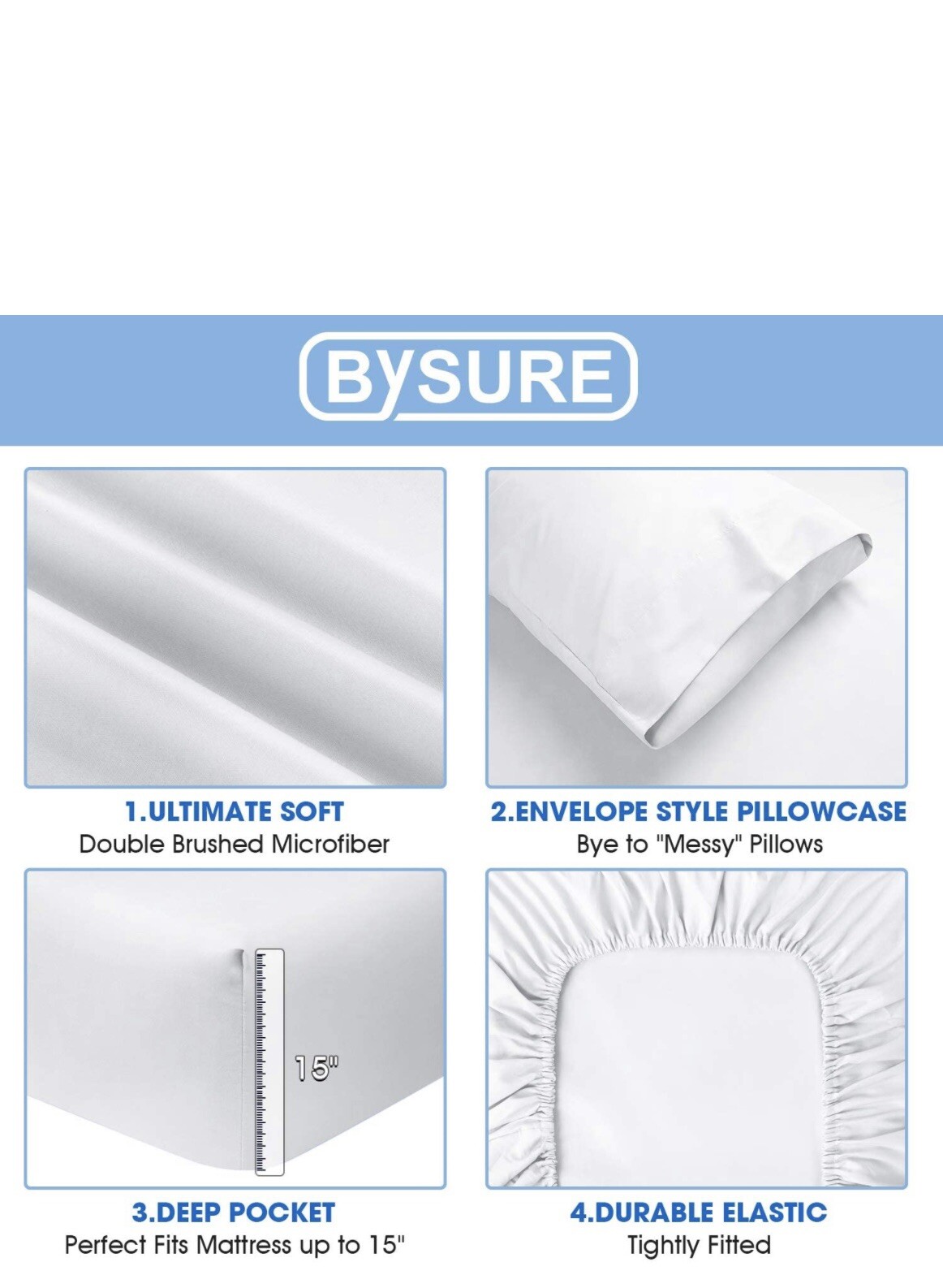 BYSURE Hotel Luxury Bed Sheets Set 6 Piece(Queen, White) Super Soft 1800 Thread
