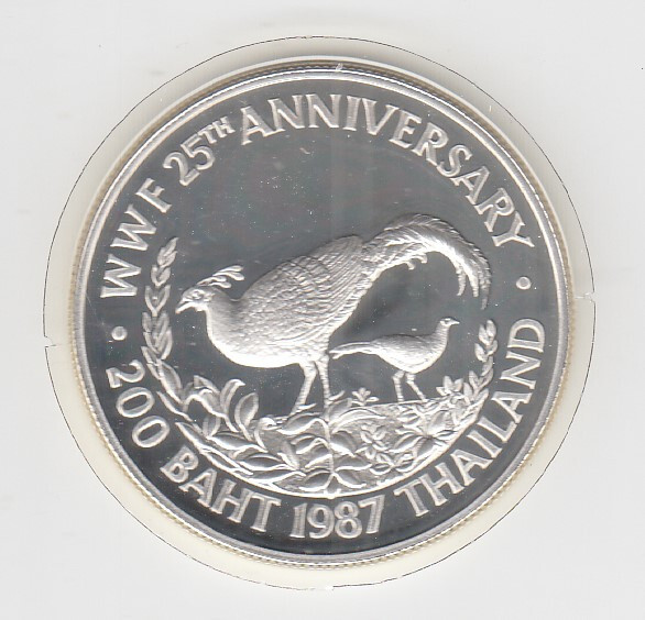 Thailand 200 Baht 1987 Pheasant WWF Silver