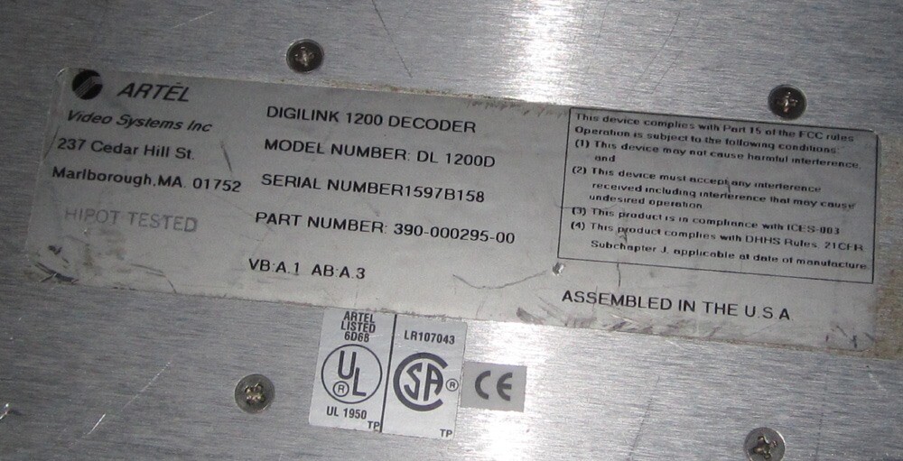 Artel Video Systems DigiLink DL 1200D Decoder DL 1200E Encoder