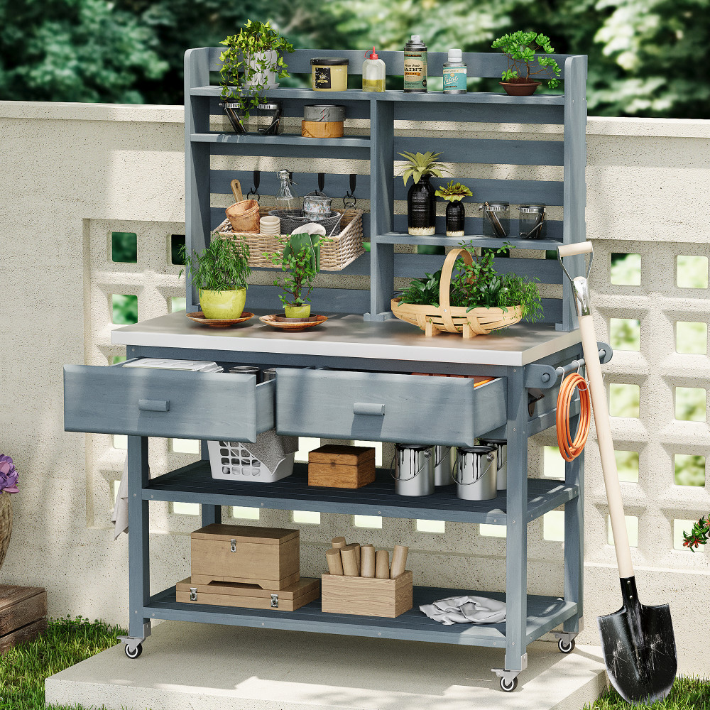 64.9"H Outdoor Potting Bench Table with Lockable Wheels, Wood Kitchen Island