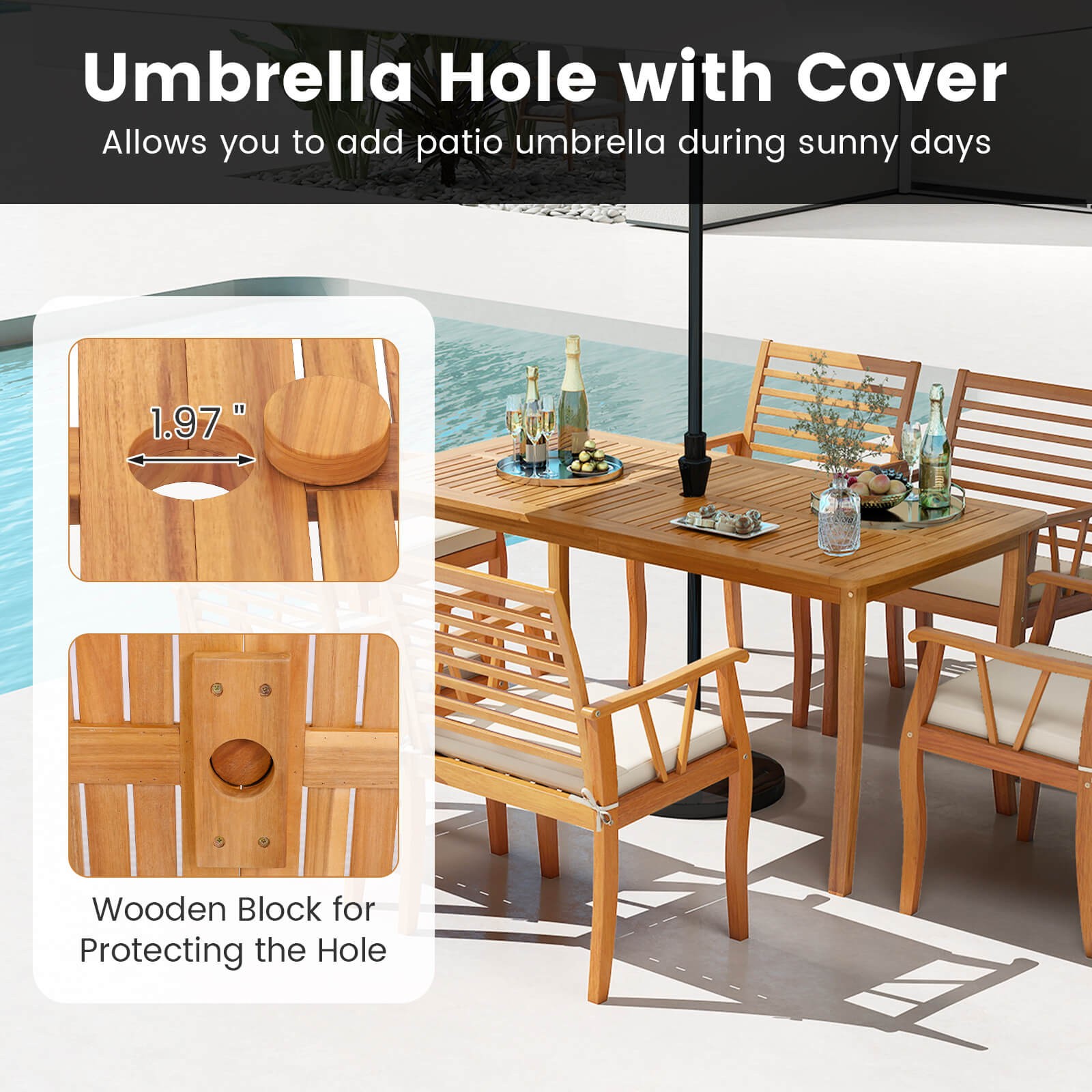 63" Outdoor Dining Table with Umbrella Hole Slatted Tabletop for Backyard