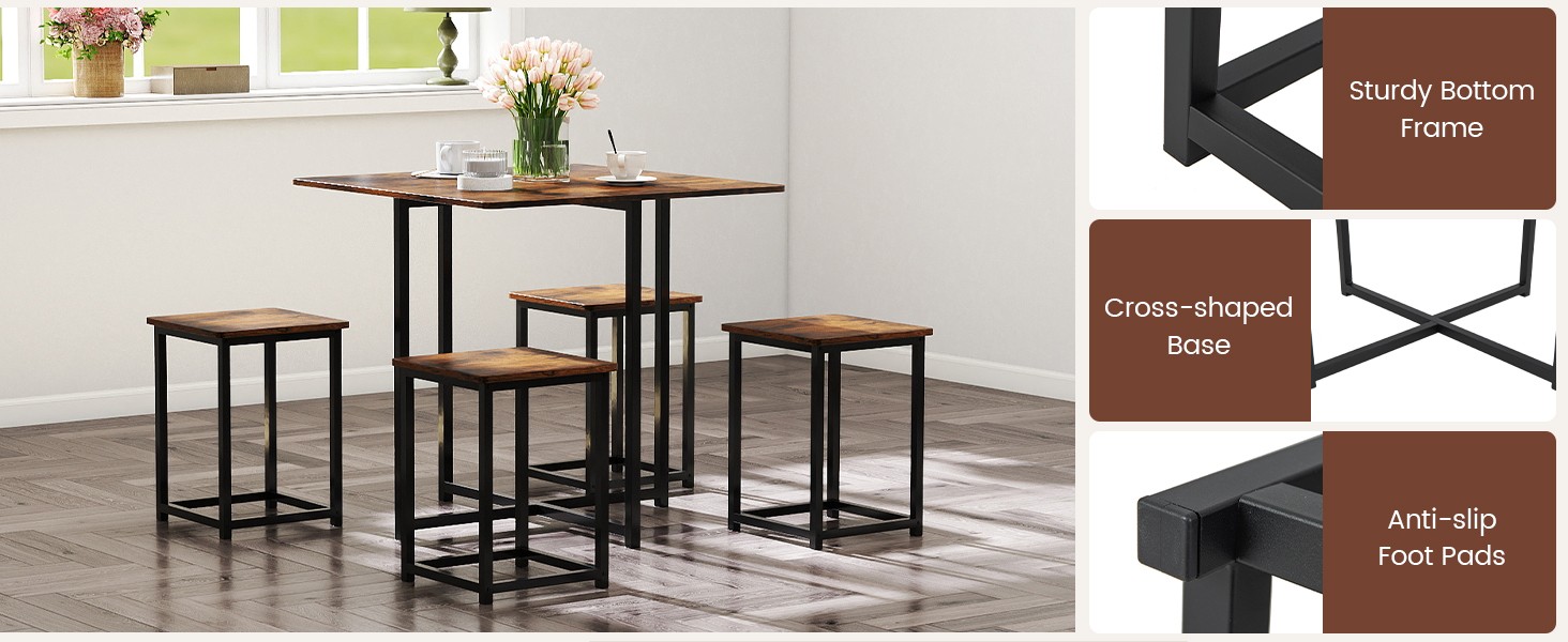 Compact Dining Table Set for 4, Small Kitchen Table Set with Square Stools and