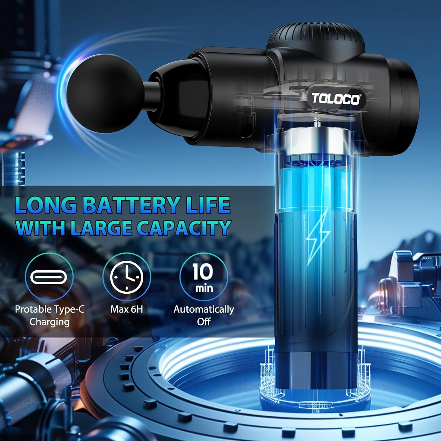 TOLOCO EM26 Deep Tissue Massage Gun 10 Heads Percussion Massager Black