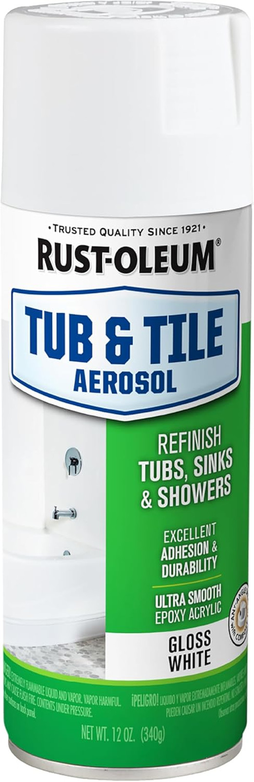 Rust-Oleum 280882 Tub & Tile Spray Paint, 12 Oz, Gloss White