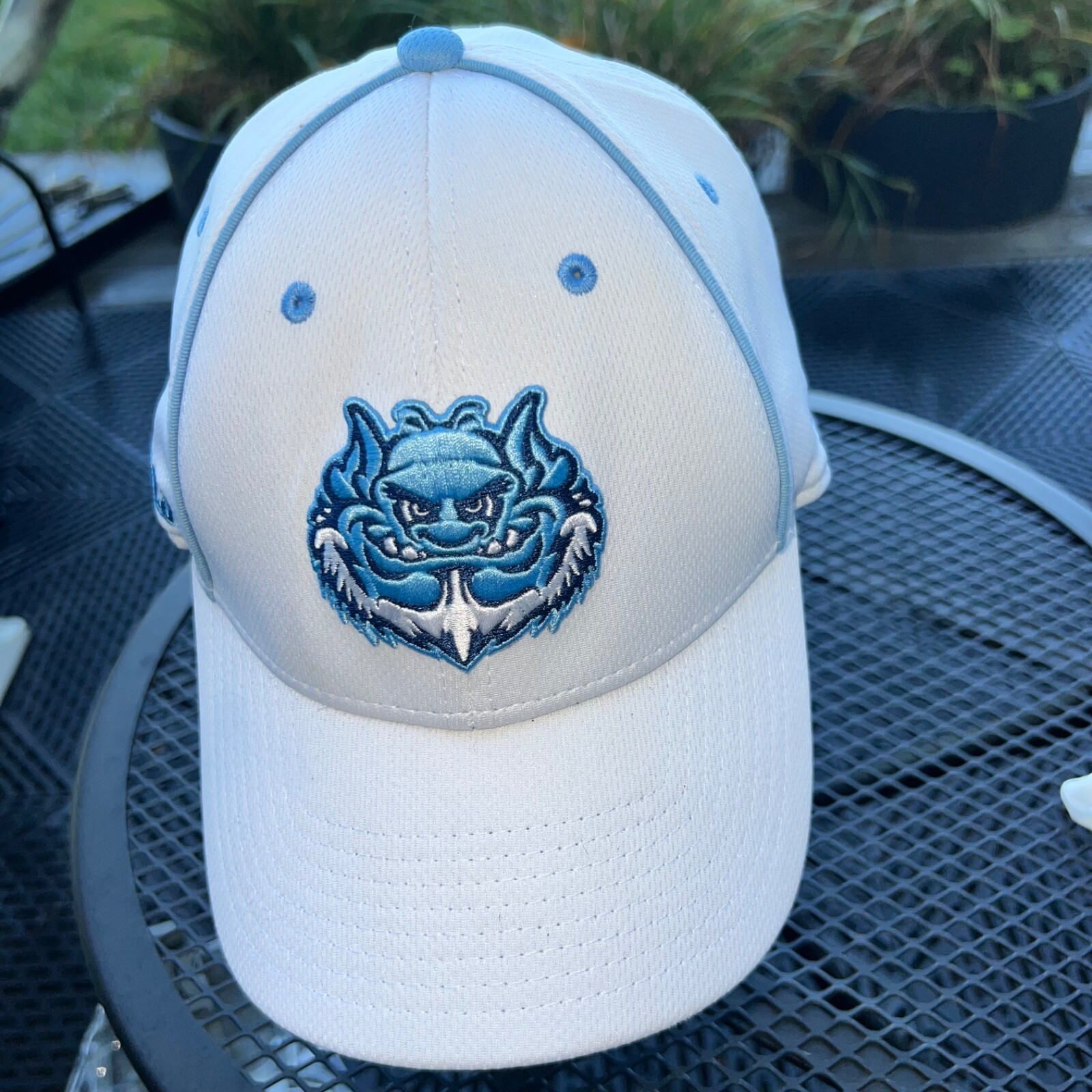 Trinity roll Trolls white w light blue Hat Cap Flex Band M/L Troll Patch Front.