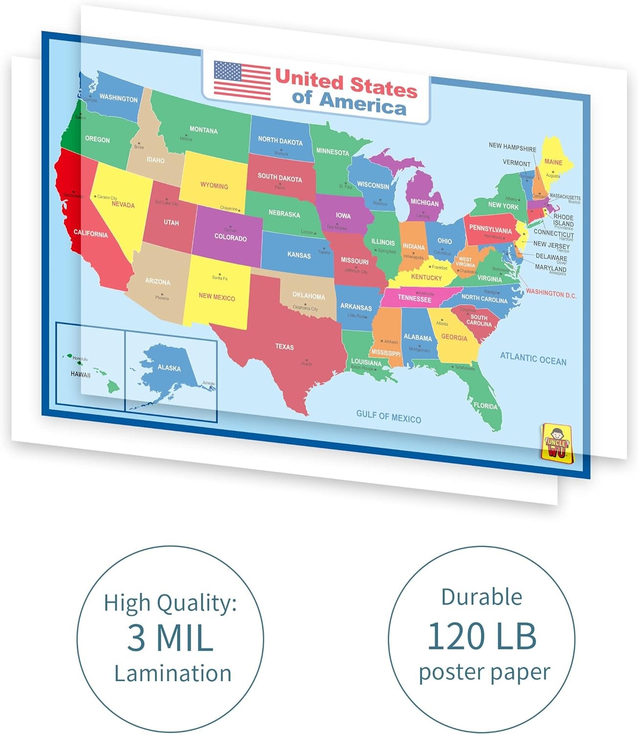 United State Map Laminated Poster -Double Side 18 x 24 Inch, Multicolor