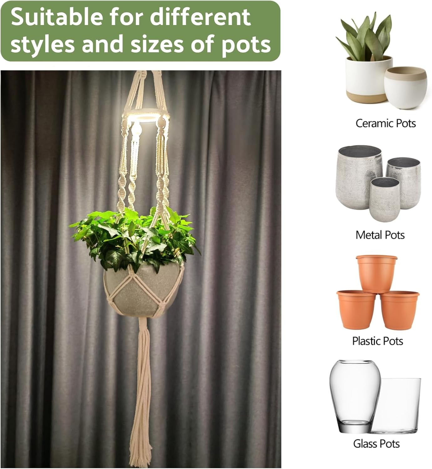 Macrame Plant Hanger with Grow Light: 2 Pack Sturdy Medium, Natural Ivory