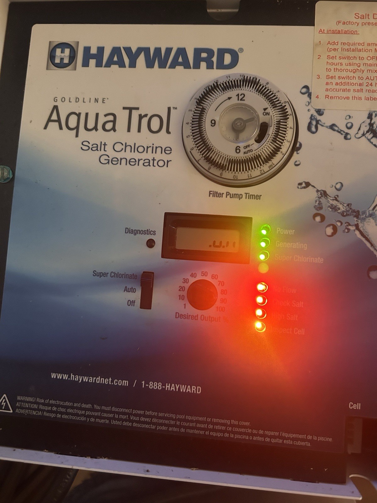 Hayward Goldline AquaTrol Salt Chlorine Generator Control Panel Above-Ground