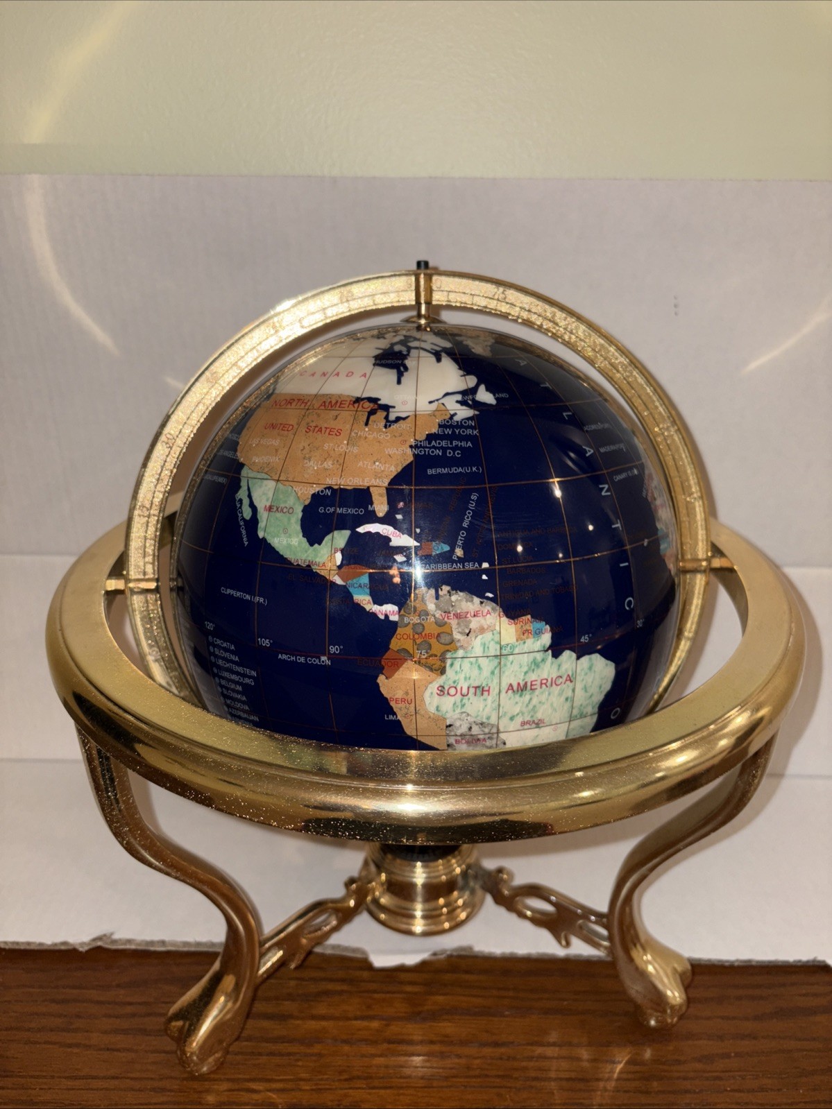 Blue Lapis Semi-Precious Gemstone Inlaid Globe w/ Brass Stand & Compass 14”