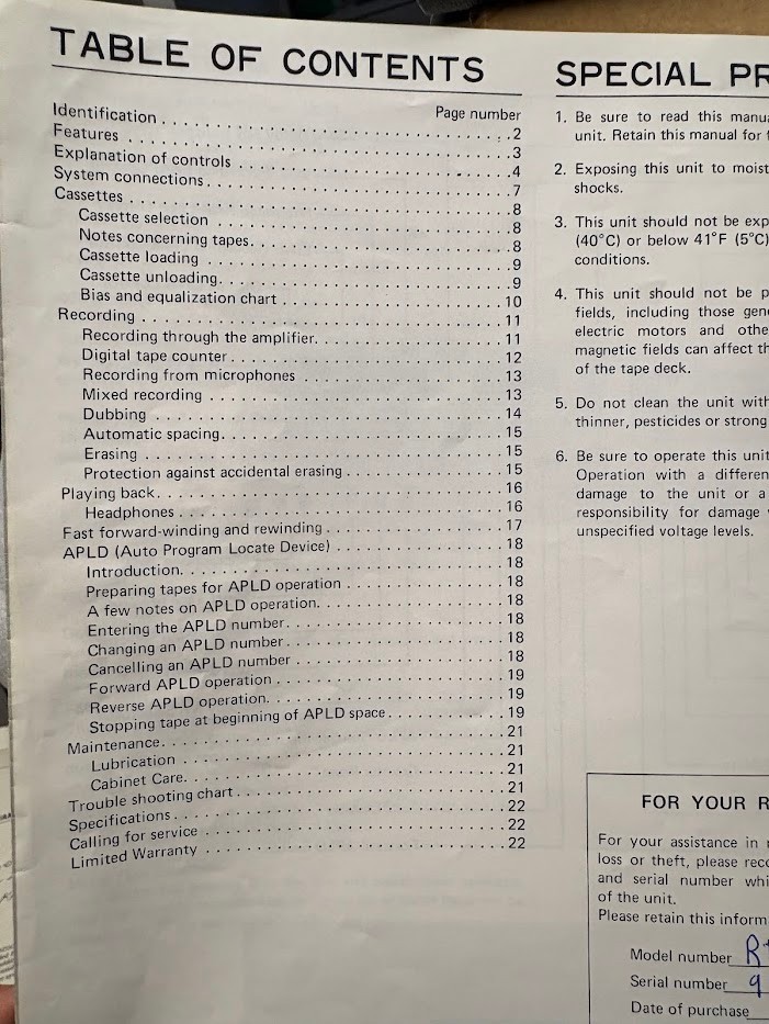 Sharp Owner Operation Manual ~ RT-2266 Cassette Deck