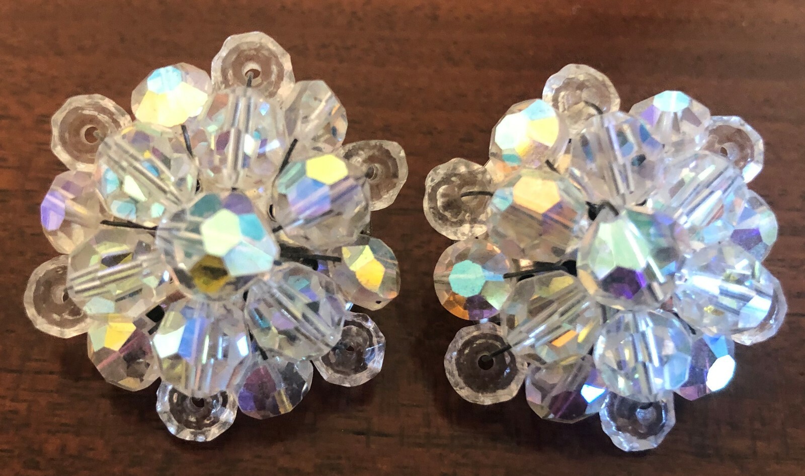 Beautiful Vintage Pair Iridescent Beaded Cluster Style Clip On Earrings