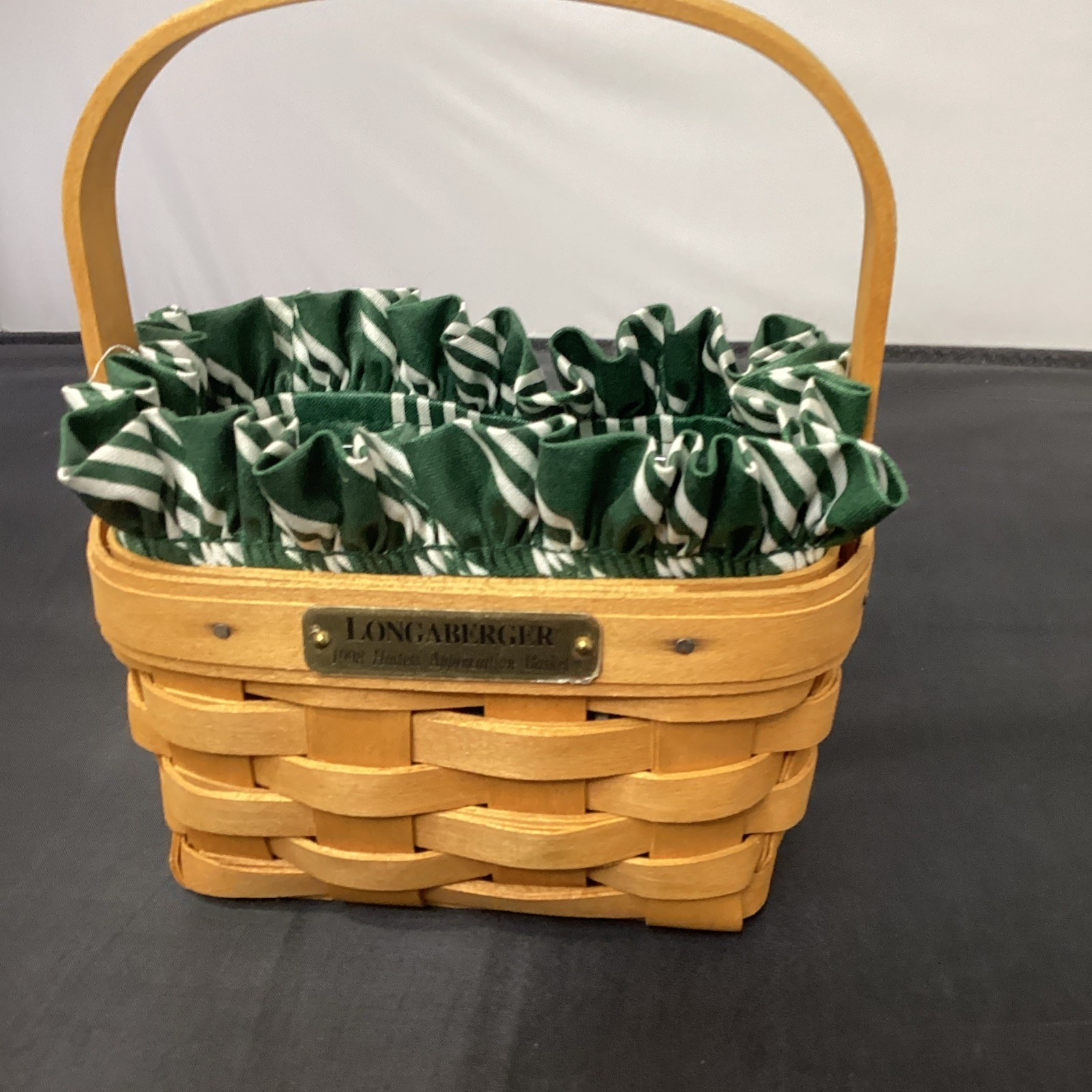 Longaberger Small Rectangle Basket With Handle Green And White Liner And Plastic