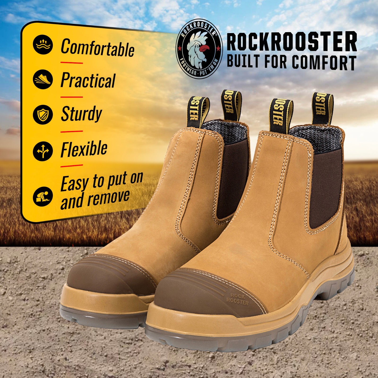 ROCKROOSTER Wide Work Boots 6 inch Steel Toe, Slip On Steel Shank Safety Shoes