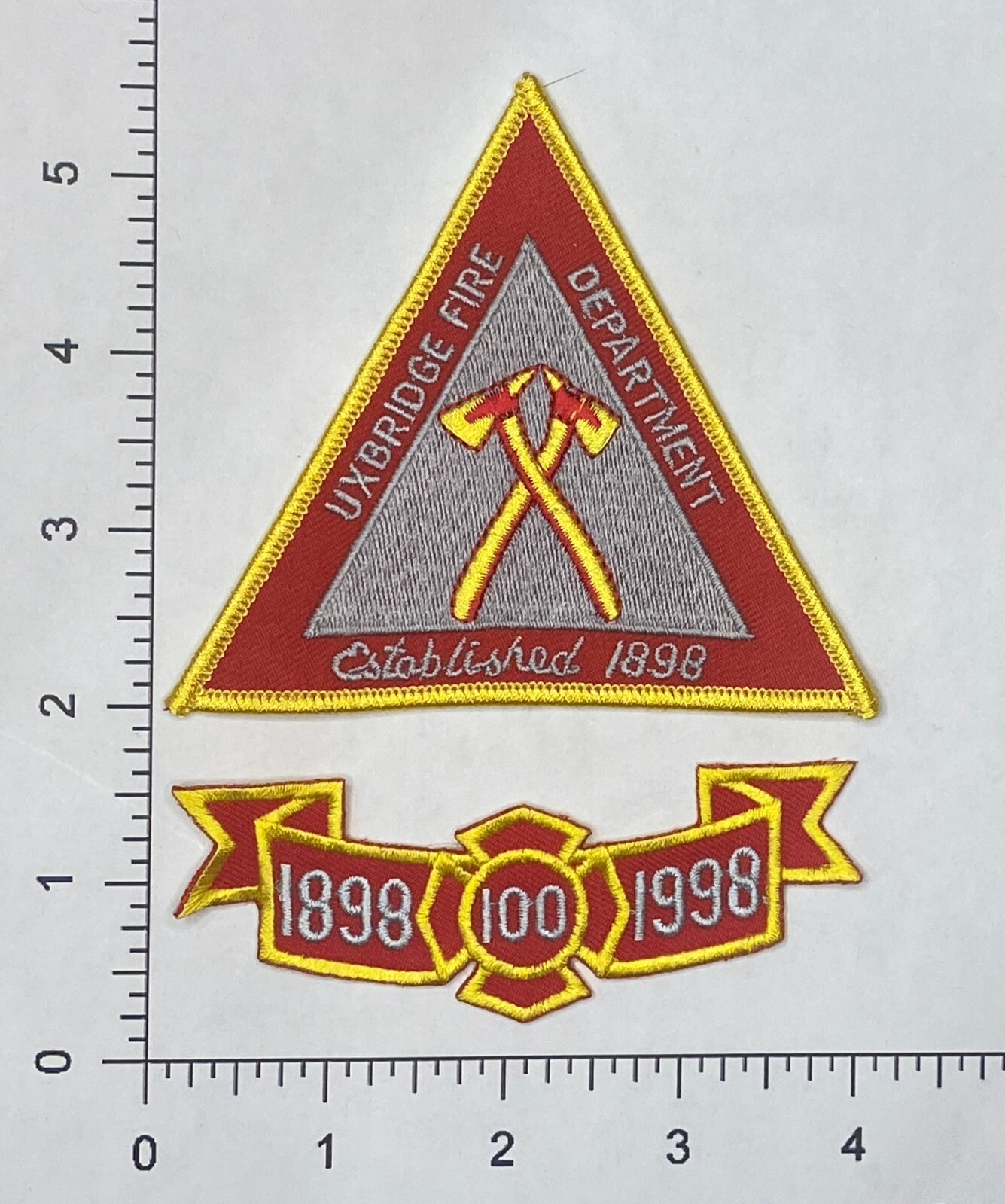 Uxbridge Ma fire patch with 100 year ribbon. Limited Edition, new unsewn