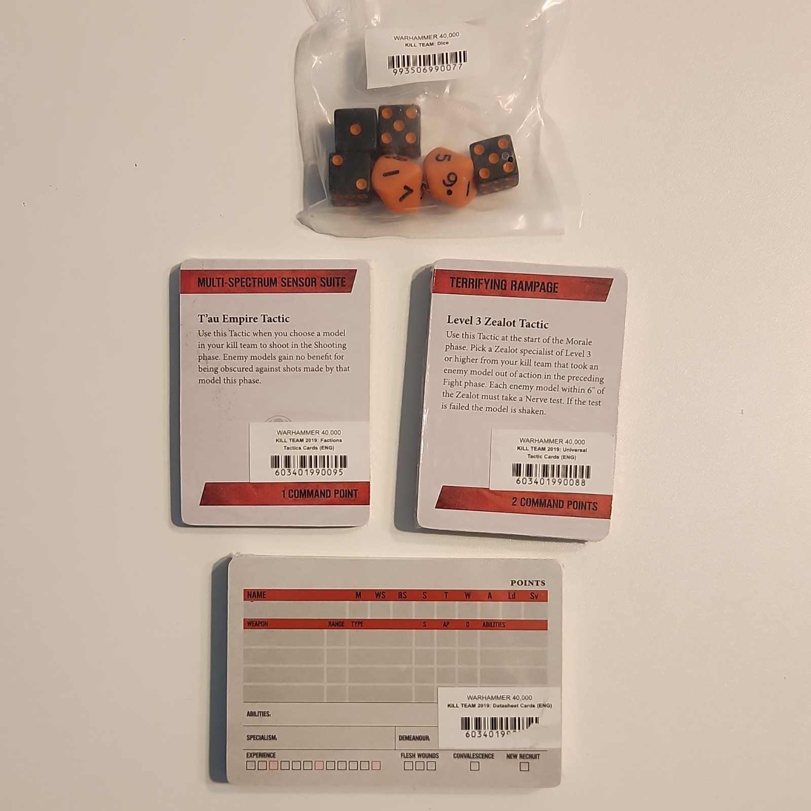 Games Workshop Kill Team 2019 Datasheet, Tactic Cards, and Dice