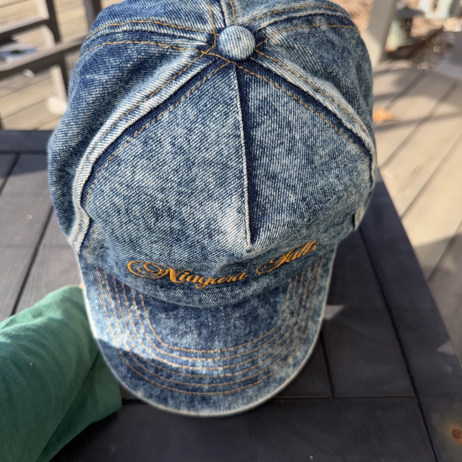 Niagara Falls in gold Script on Washed Denim 5 panel Hat Cap w Bill SnapBack