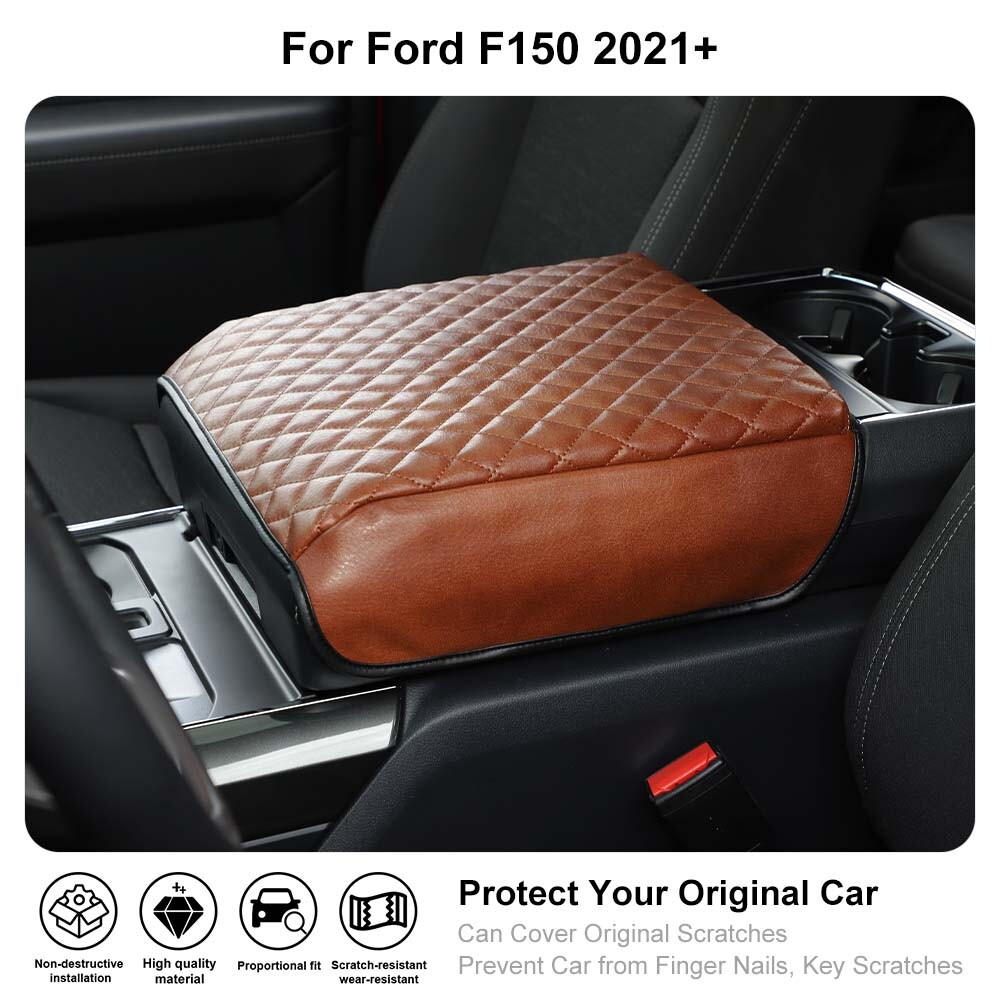 Leather Brown Center Console Armrest Box Pad Cover Protector For Ford F150 2021+