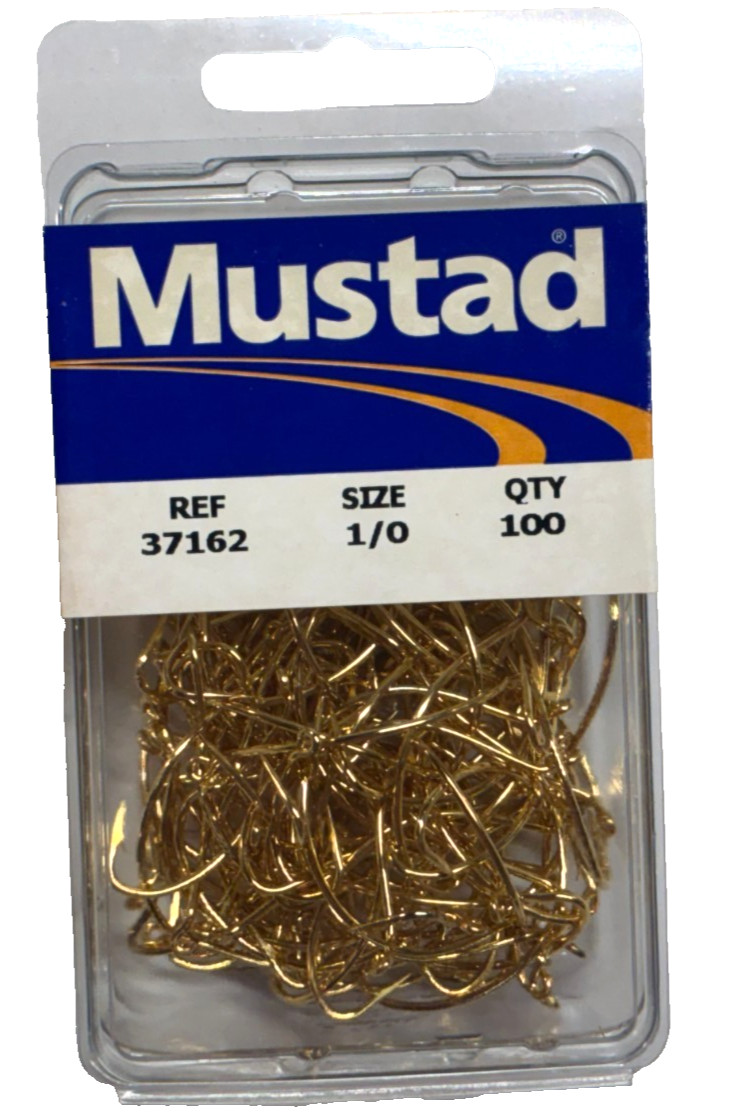Mustad 37162 Size 1/0 All Around Wide Gap Kahle Hook Gold 100 Count Package