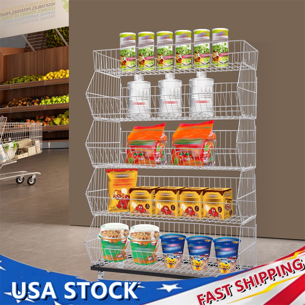 5 Tier Wire Grid Retail Display Shelf Merchandise Display Rack Stand w/4 Pulleys