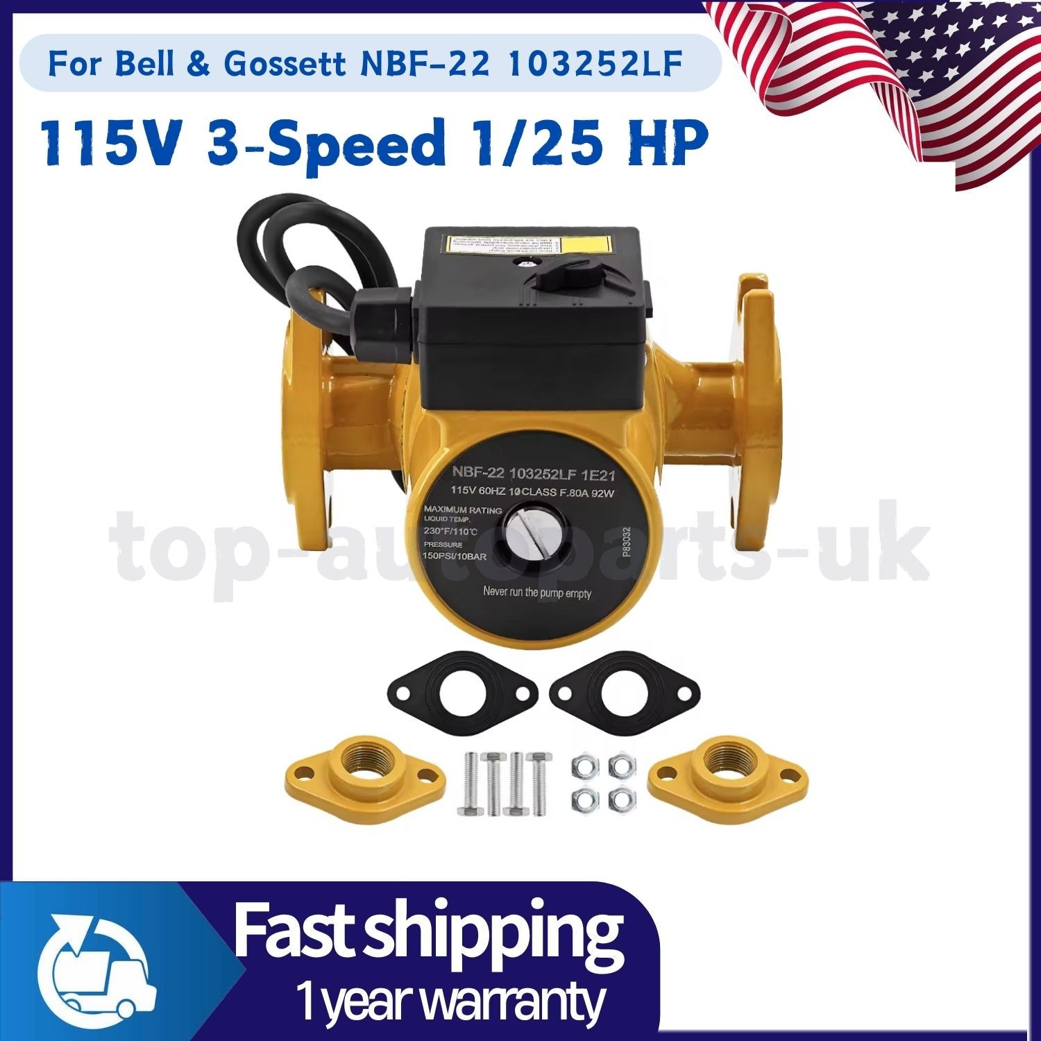 Fit Bell & Gossett NBF-22 / 103252LF / Cast Iron Body Pump /115V 3-Speed 1/25 HP
