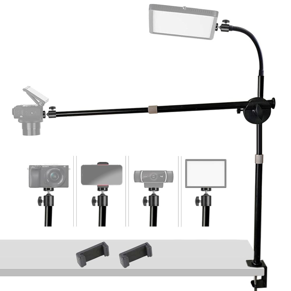 Camera Desk Mount Table Stand with Overhead Rotatable Extension Arm, Goosenec...