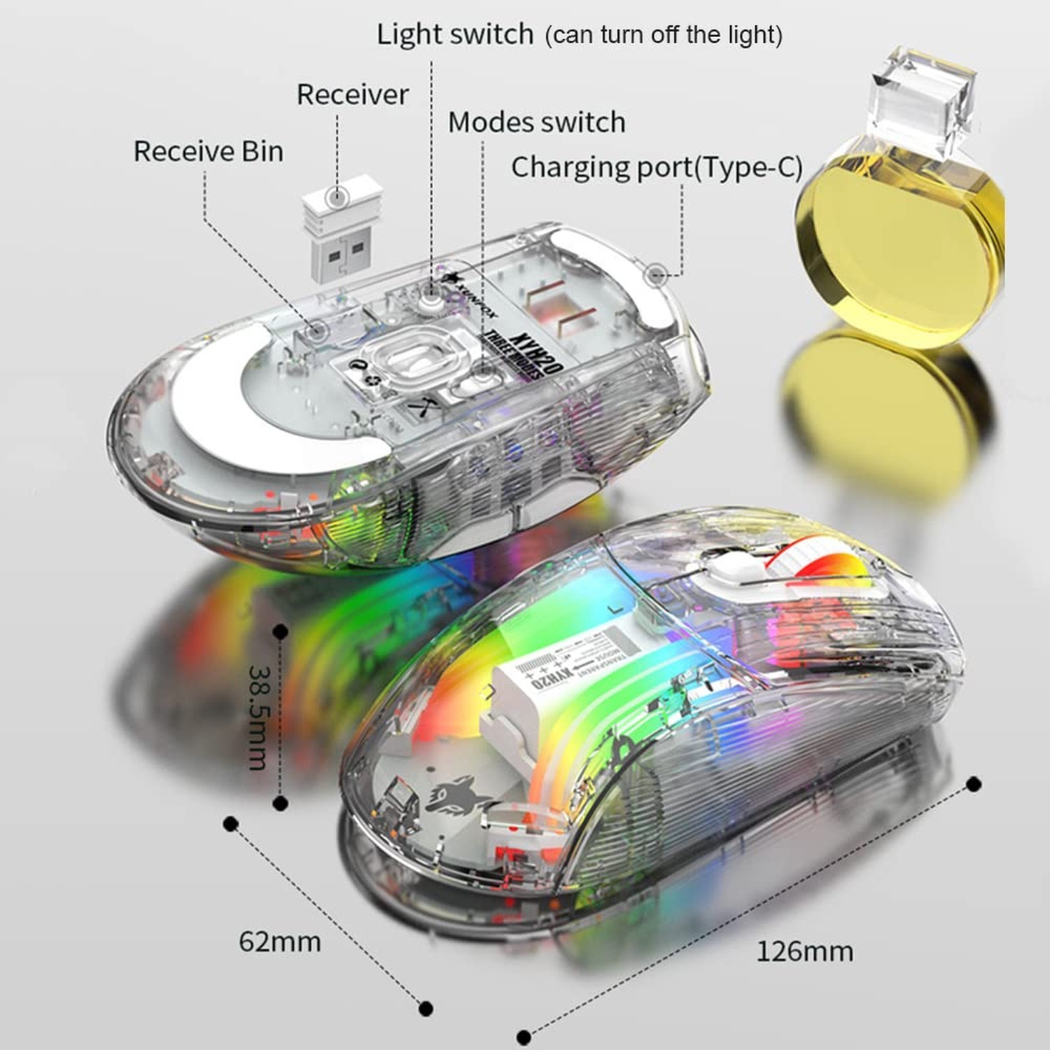 Bluetooth Wireless Mouse, Transparent RGB Mechanical Dual Mode Gaming Mouse, ...