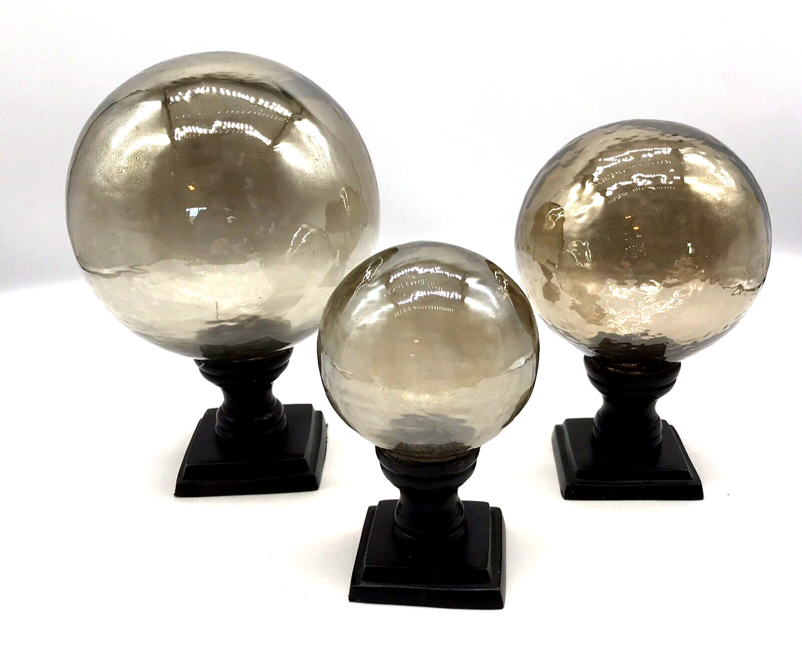 Reflective 3 Smoked Glass Globes Balls Spheres on Wood Stand From India