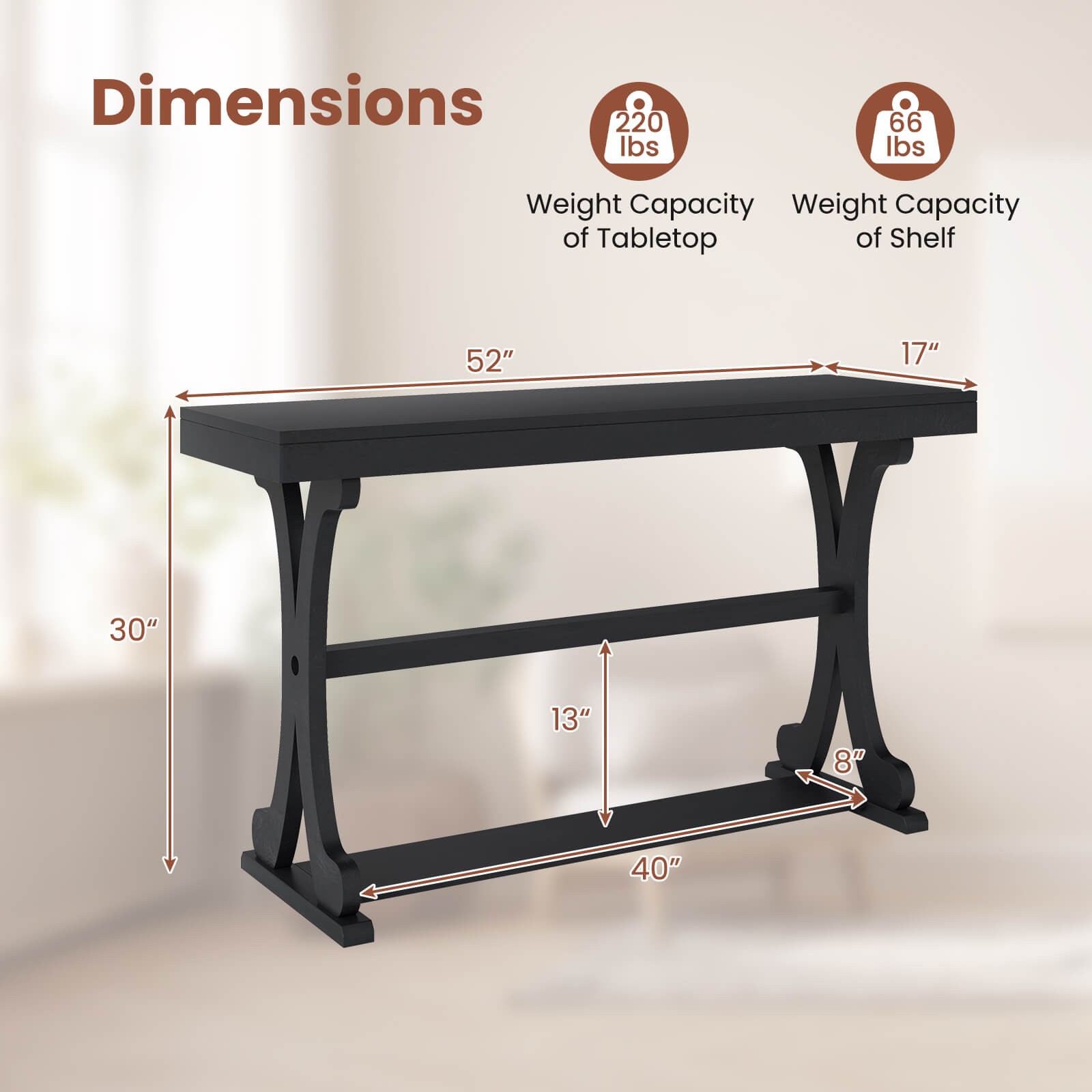 Narrow Console Table Vintage Accent Sofa Table with Open Storage Shelf Black