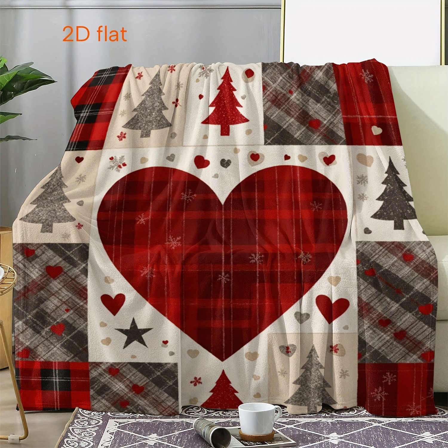 1 flannel blanket with a heart-shaped Christmas tree pattern, a soft blanket.♢