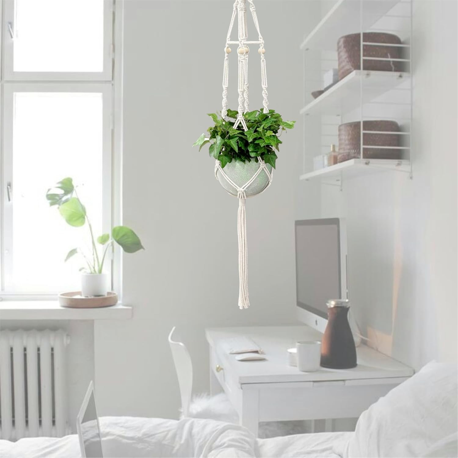 Macrame Plant Hanger with Grow Light: 2 Pack Sturdy Medium, Natural Ivory